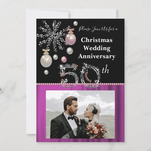 クリスマス 50周年 結婚記念 ブラック&シルバー 招待状 (正面)