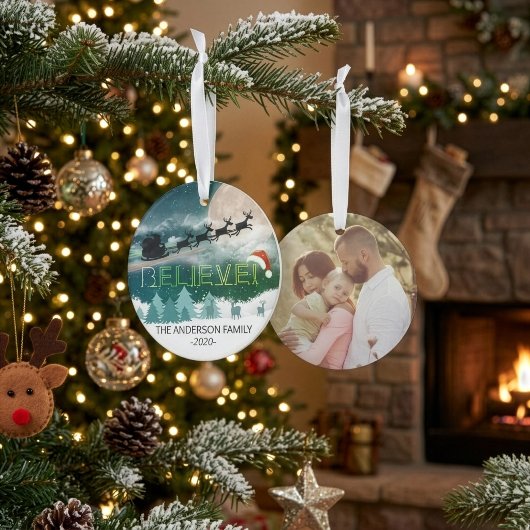 クリスマス BELIEVE トナカイ そり サンタハット 写真 オーナメント