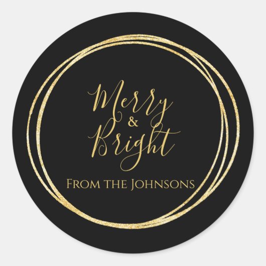 クリスマス merry and bright 家族名 ブラック ゴールド ラウンドシール (正面)