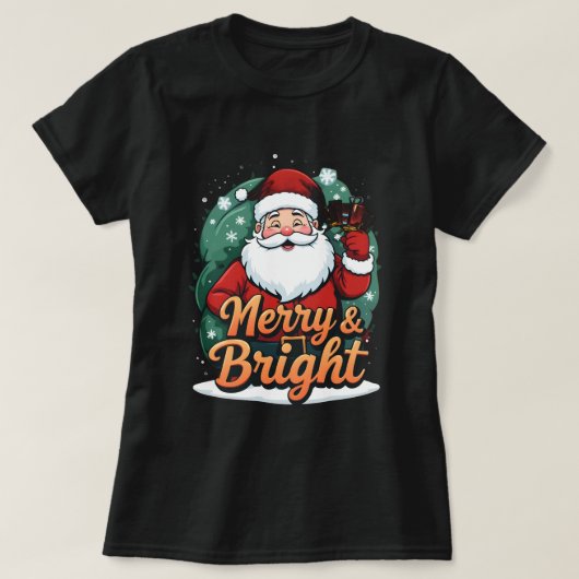 クリスマス – “Merry & Bright Santa（メリー アンド ブライト サンタ）” Tシャツ (デザイン正面)