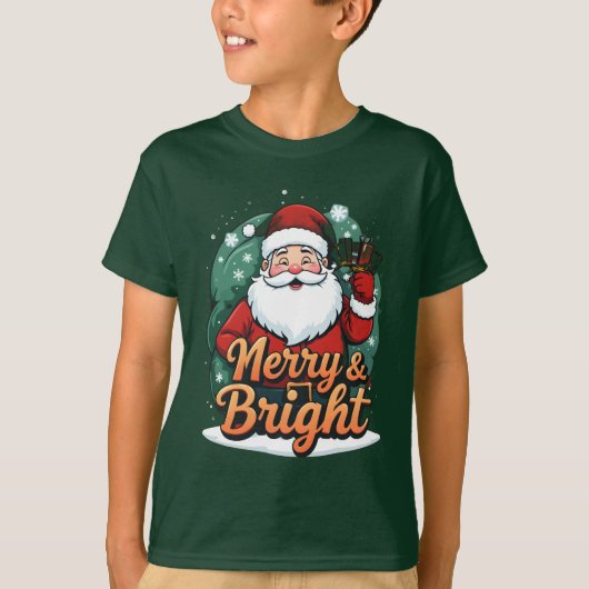クリスマス – “Merry & Bright Santa(メリー アンド ブライト サンタ)” Tシャツ (正面)