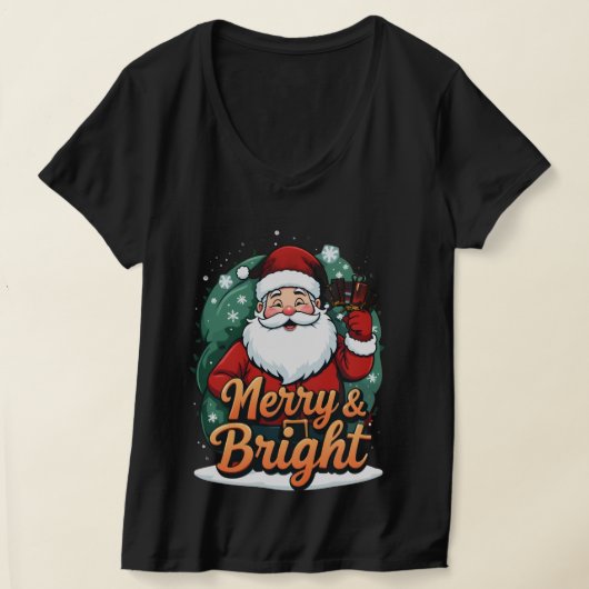 クリスマス – “Merry & Bright Santa（メリー＆ブライト サンタ）” Tシャツ (レイダウン)