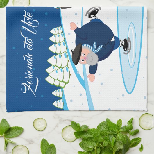 、クリスマス/Navidad、アイススケートしているOlentzero編集して下さい キッチンタオル (折り畳み)