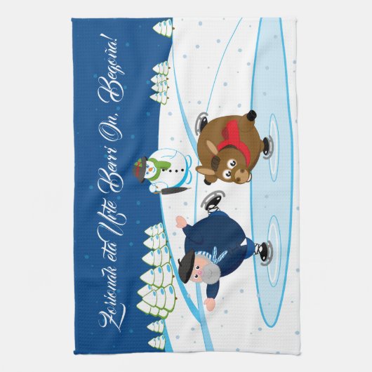 、クリスマス/Navidad、アイススケートしているOlentzero編集して下さい キッチンタオル (縦)