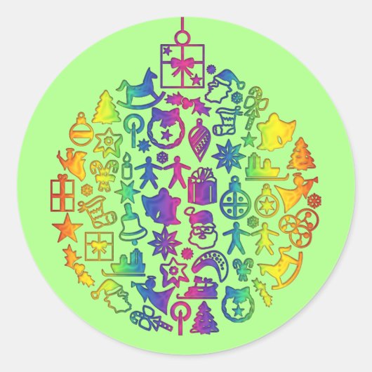 クリスマス- Tree – クリスマスアイコン付きボール1 ラウンドシール (正面)