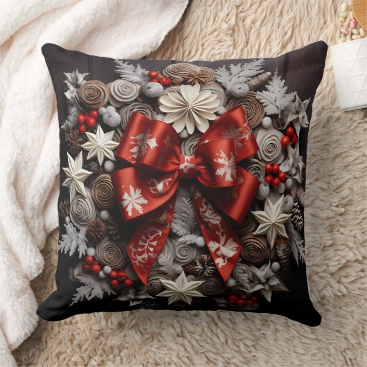 クリスマスAIリボンポインセチア装飾 クッション (ブランケット)