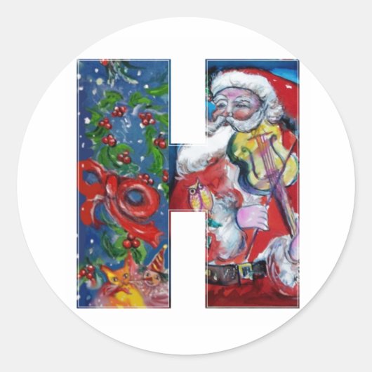 クリスマスBレター/バイオリンモノグラム付きサンタ ラウンドシール (正面)