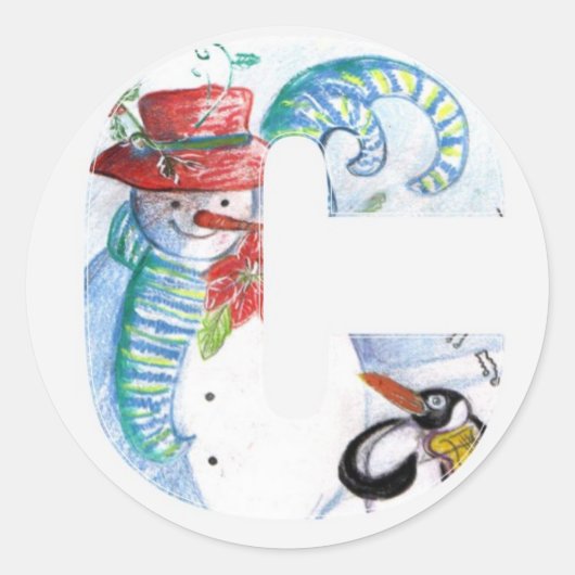 クリスマスC文字,ペンギンのセレナーデモノグラム ラウンドシール (正面)