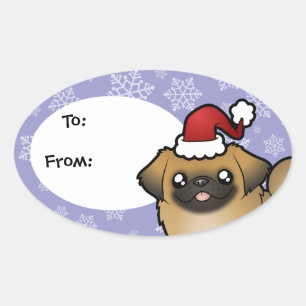 クリスマスPekingese (切られる子犬) 楕円形シール