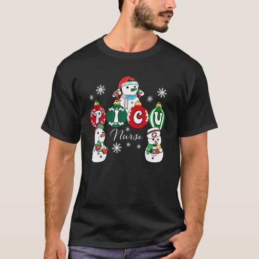 クリスマスPICUナース雪だるま小児科ICUクルーXm Tシャツ (正面)