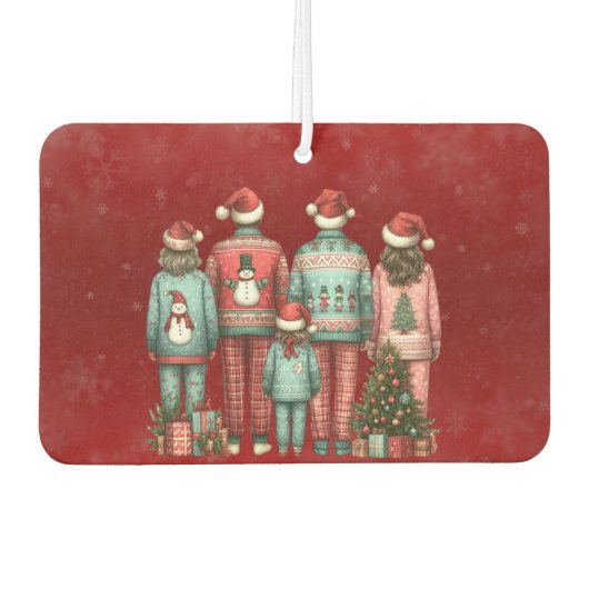 クリスマスPJの4人家族のバック カーエアーフレッシュナー (正面)