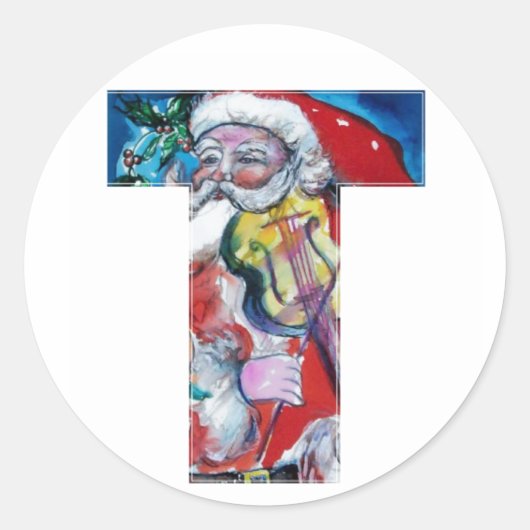 クリスマスTレター/バイオリンモノグラム付きサンタ ラウンドシール (正面)