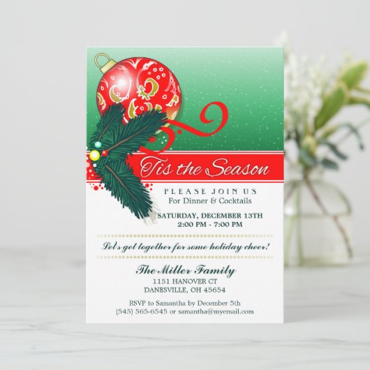 クリスマスTis季節の緑及び赤いパーティーの招待 招待状 (スタンド正面)