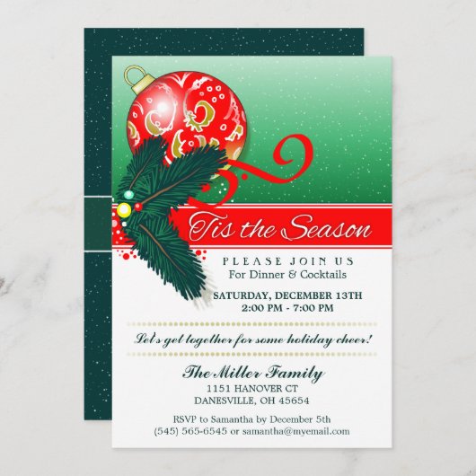 クリスマスTis季節の緑及び赤いパーティーの招待 招待状 (正面/裏面)