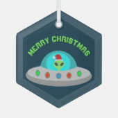 クリスマスUFOホーホソーサー飛んでいるエイリアンカスタム ガラスオーナメント (正面)