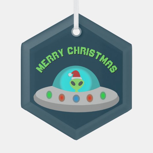 クリスマスUFOホーホソーサー飛んでいるエイリアンカスタム ガラスオーナメント (正面)