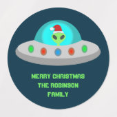 クリスマスUFOホーホソーサー飛んでいるエイリアンカスタム ラベル (デザイン2)