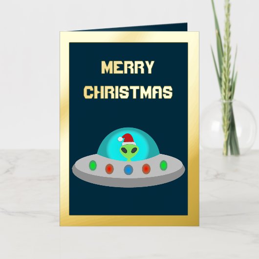 クリスマスUFOホーホソーサー飛んでいるエイリアンカスタム 箔グリーティングカード (正面)