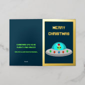 クリスマスUFOホーホソーサー飛んでいるエイリアンカスタム 箔グリーティングカード (外側レイダウン)