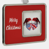 クリスマスUSAとイギリス国旗のハートとサンタハット シルバープレートフレームオーナメント (右)