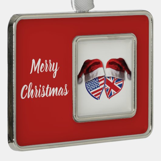 クリスマスUSAとイギリス国旗のハートとサンタハット シルバープレートフレームオーナメント (右)