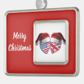 クリスマスUSAとイギリス国旗のハートとサンタハット シルバープレートフレームオーナメント (左)