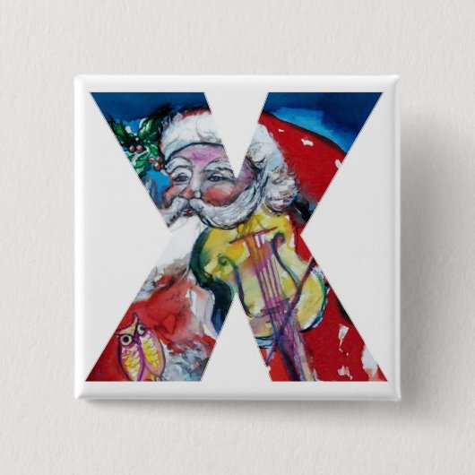 クリスマスXレター/バイオリンモノグラム付きサンタ 缶バッジ (正面)