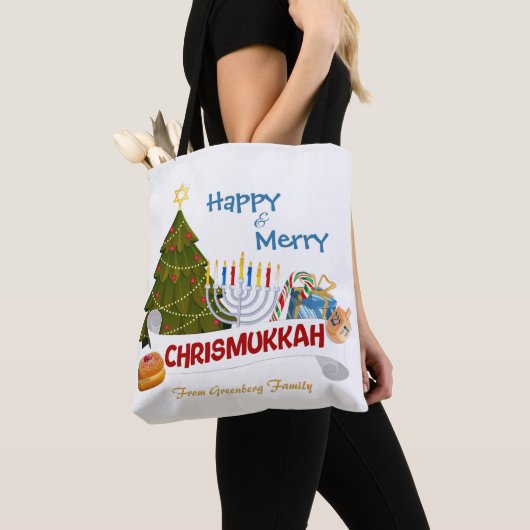 クリスマヌカのハッピー&メリー+伝統的要素 トートバッグ (クローズアップ)