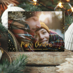 クリスマモダンスミニマルト写真スクリプトのスターブラック 箔シーズンカード