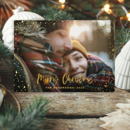クリスマモダンスミニマルト写真スクリプトのスターブラック 箔シーズンカード