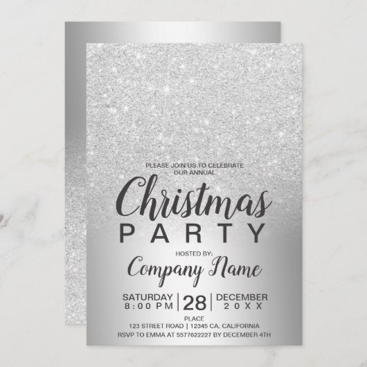 クリスマ企業のス銀グリッターグラデーション箔 招待状 (正面/裏面)