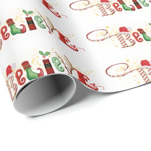 クリスマ信じスキュートサンタタイポグラフィ ラッピングペーパー (ロールコーナー)