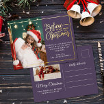 クリスマ信じス魔法スミレの2枚 箔シーズンポストカード<br><div class="desc">クリスマスの家族のポートレートのモダン1つお気に入りのの休日の挨拶の葉書離れは実在読、あなたのメッセージでカスタマイズ可能な紫色の背景の上に右に"魔法のクリスマスのフレームと"のを描く金ゴールド箔と崇拝"を補完する。ポストカードの背面は、第2の写真、差出人住所、および第2のメッセージでカスタマイズ可能。</div>