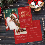 クリスマ信じス魔法赤2枚 箔シーズンポストカード<br><div class="desc">クリスマスの家族のポートレートのモダン1つ離れが補完するクリスマスの家族のの休日の挨拶はがき実在は、フェスティバルの赤い背景の右に"魔法のクリスマスのを飾る"金ゴールド箔のフレームと言葉遣い、独自の挨拶メッセージでカスタマイズ可能。ポストカードの背面は、第2の写真、差出人住所、および第2のメッセージでカスタマイズ可能。</div>
