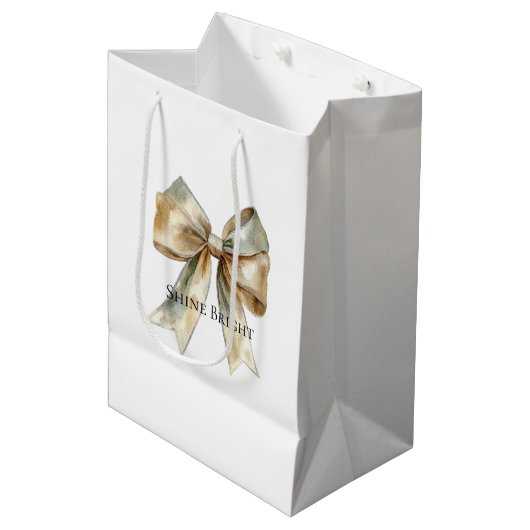 クリスマ素朴スホワイトグリーン金ゴールドボウパーソナライズされた ミディアムペーパーバッグ (正面アングル)