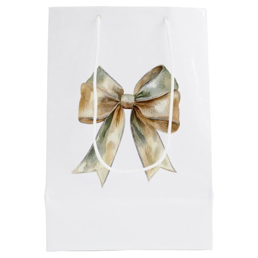 クリスマ素朴スホワイトグリーン金ゴールドボウパーソナライズされた ミディアムペーパーバッグ (裏面)