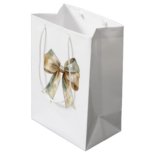クリスマ素朴スホワイトグリーン金ゴールドボウパーソナライズされた ミディアムペーパーバッグ (裏面アングル)
