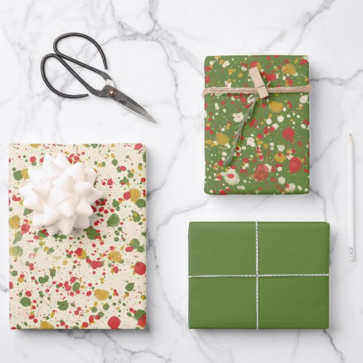 クリスマ絵を描ススパター模様レッドグリーンクリーム ラッピングペーパーシート (正面)