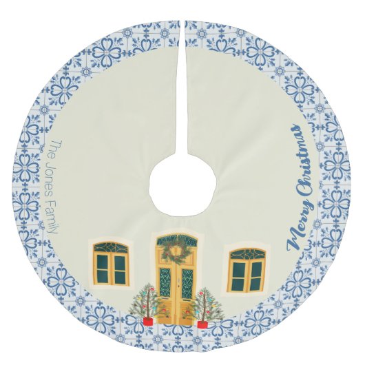 クリスマ飾スハウスとポルトガルのタイル ブラッシュドポリエステルツリースカート (正面)