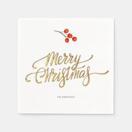 クリスミニマルスフェイクゴールドフォイルホリーブランチ スタンダードカクテルナプキン