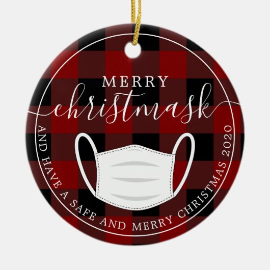 クリスメリーマスク赤い格子検疫マスク セラミックオーナメント (正面)