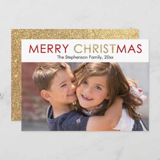 クリスメリーマス金ゴールドグリッター写真 シーズンカード (正面/裏面)