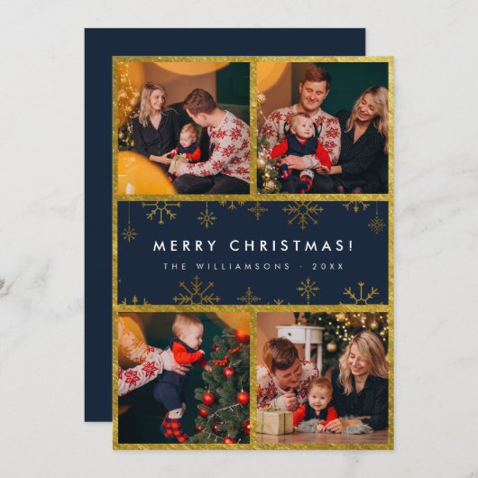 クリスモダンマスギャラリー青と金ゴールド家族の写真 シーズンカード (正面/裏面)