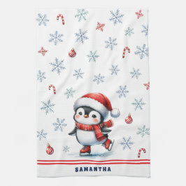 クリスモノグラムのエレガントスアイススケートで滑るペンギン キッチンタオル