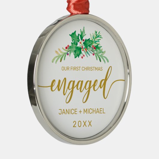 クリス婚約したマス水彩ホリー金ゴールドスクリプト メタルオーナメント (右)