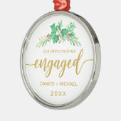 クリス婚約したマス水彩ホリー金ゴールドスクリプト メタルオーナメント (左)