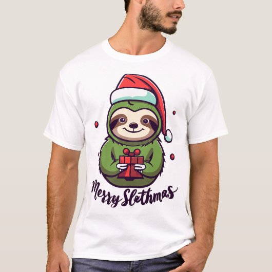 クリス祝マスの精神かわいいナマケモノ Tシャツ (正面)