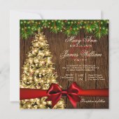 クリス素朴ス結婚マスのツリー、ライト&レッドリボン 招待状 (正面)