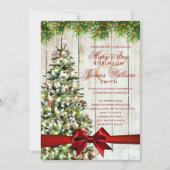 クリス素朴ス結婚マスのツリー、ライト&レッドリボン 招待状 (正面)