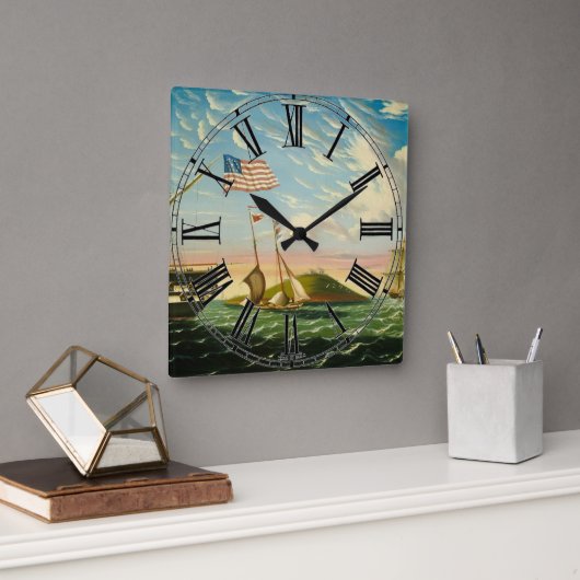 クリッパーシップBoston Harbor 1800s スクエア壁時計 (オフィス)